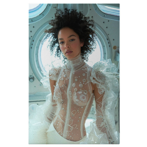 Modă - Tablou Canvas  Tanara Domnisoara cu Pielea Alba si Parul Carliontat in Bluza Transparenta si Pantaloni Albi , Pictura Digitala 40x25CM