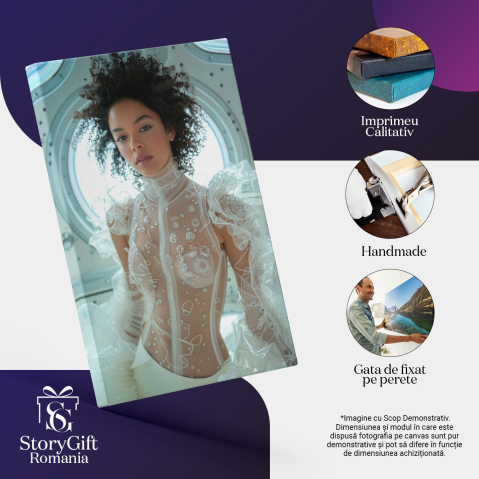 Tablou Canvas  Tanara Domnisoara cu Pielea Alba si Parul Carliontat in Bluza Transparenta si Pantaloni Albi , Pictura Digitala 40x25CM [2]