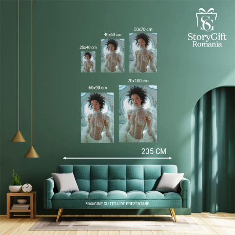 Tablou Canvas  Tanara Domnisoara cu Pielea Alba si Parul Carliontat in Bluza Transparenta si Pantaloni Albi , Pictura Digitala 40x25CM [3]