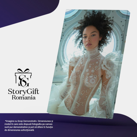 Tablou Canvas  Tanara Domnisoara cu Pielea Alba si Parul Carliontat in Bluza Transparenta si Pantaloni Albi , Pictura Digitala 40x25CM [4]