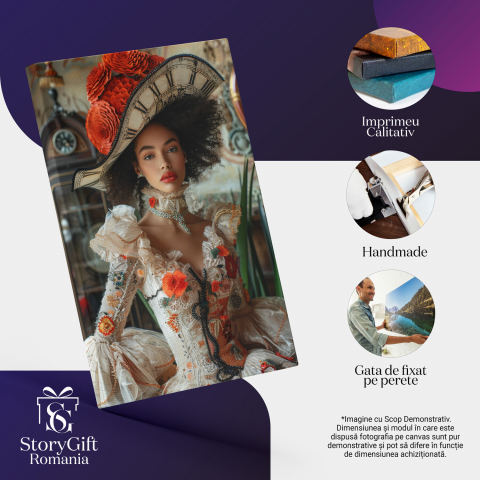 Tablou Canvas Domniță Creolă cu Păr Creț și Pălărie cu Flori - Artă Digitală Florală, Marime 40x25CM [1]