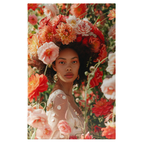 Flori - Tablou Canvas: Tanlou  Portret Afro în Cadru cu Flori- Natură și Frumusețe Pictura Digitala 40x25CM