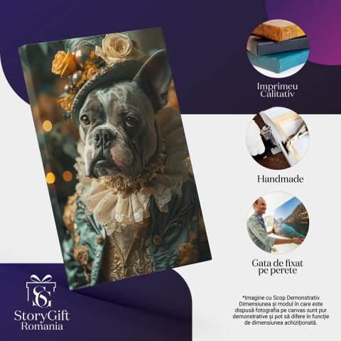 BullDog Francez cu Palarie Albastră și Trandafir Galben - Tablou Canvas, Marime 40x25CM [1]