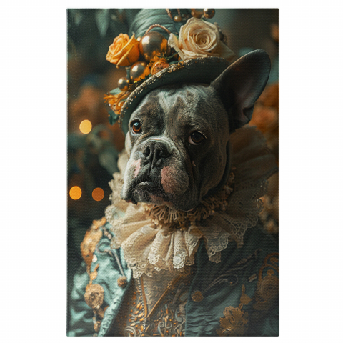 BullDog Francez cu Palarie Albastră și Trandafir Galben - Tablou Canvas, Marime 40x25CM