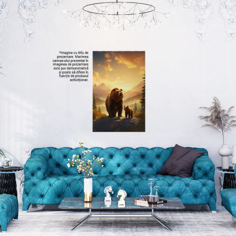 Tablou Canvas:  Tatal Urs si Puiutul lui se Plimba prin Codrul Linistit Incercuiti de Brazi si Cer Luminos Pictura Digitala 40x25CM [1]