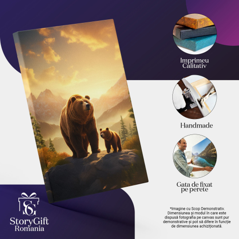 Tablou Canvas:  Tatal Urs si Puiutul lui se Plimba prin Codrul Linistit Incercuiti de Brazi si Cer Luminos Pictura Digitala 40x25CM [2]