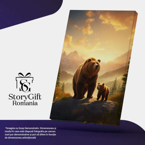 Tablou Canvas:  Tatal Urs si Puiutul lui se Plimba prin Codrul Linistit Incercuiti de Brazi si Cer Luminos Pictura Digitala 40x25CM [4]