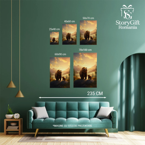 Tablou Canvas:  Tatal Urs si Puiutul lui se Plimba prin Codrul Linistit Incercuiti de Brazi si Cer Luminos Pictura Digitala 40x25CM [3]