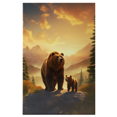 Animale - Tablou Canvas:  Tatal Urs si Puiutul lui se Plimba prin Codrul Linistit Incercuiti de Brazi si Cer Luminos Pictura Digitala 40x25CM