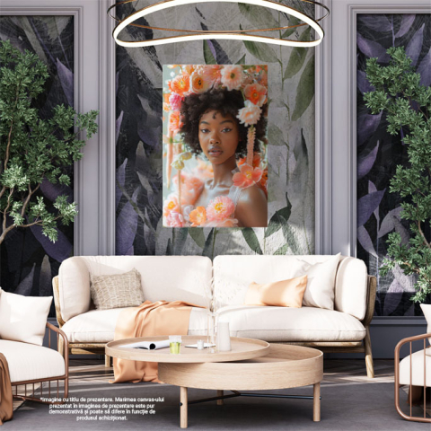 Tablou Canvas: Tbalou  Portretul unei femei înfloritoare cu petale in păr- Frumusețe florală Pictura Digitala 40x25CM [1]