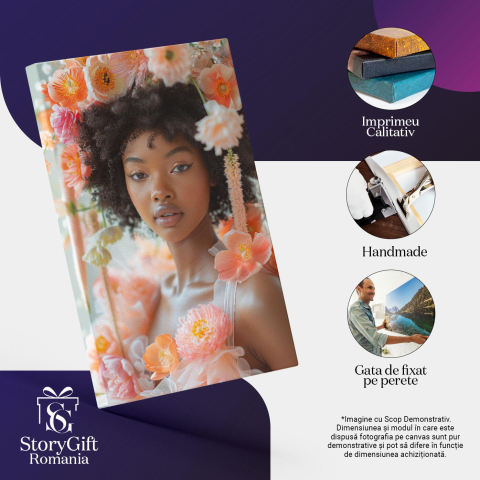 Tablou Canvas: Tbalou  Portretul unei femei înfloritoare cu petale in păr- Frumusețe florală Pictura Digitala 40x25CM [2]