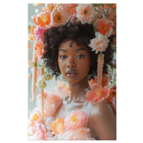 Portret - Tablou Canvas: Tbalou  Portretul unei femei înfloritoare cu petale in păr- Frumusețe florală Pictura Digitala 40x25CM