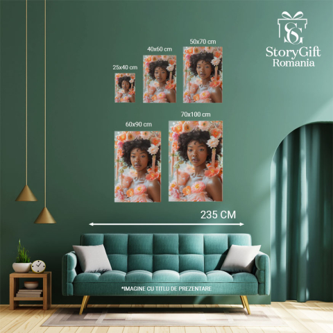 Tablou Canvas: Tbalou  Portretul unei femei înfloritoare cu petale in păr- Frumusețe florală Pictura Digitala 40x25CM [3]