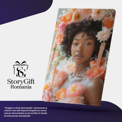 Tablou Canvas: Tbalou  Portretul unei femei înfloritoare cu petale in păr- Frumusețe florală Pictura Digitala 40x25CM [4]