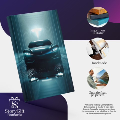 Tesla Neagră cu Faruri Aprinse - Tablou Canvas, Marime 40x25CM [1]