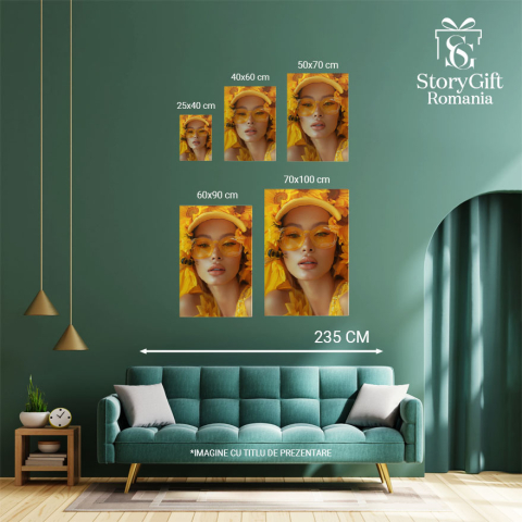 Tablou Canvas  The Bee Girl cu Ochelari si Sapca cu Flori Galbene in Rochita cu Gene Lungi si O Albina langa ea , Pictura Digitala 40x25CM [3]