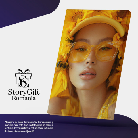 Tablou Canvas  The Bee Girl cu Ochelari si Sapca cu Flori Galbene in Rochita cu Gene Lungi si O Albina langa ea , Pictura Digitala 40x25CM [4]