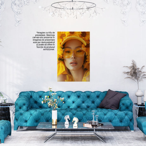 Tablou Canvas  The Bee Girl cu Ochelari si Sapca cu Flori Galbene in Rochita cu Gene Lungi si O Albina langa ea , Pictura Digitala 40x25CM [1]