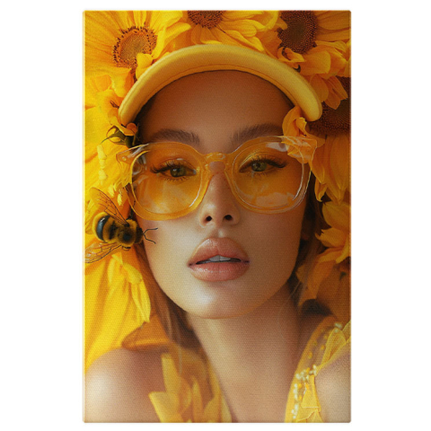 Portret - Tablou Canvas  The Bee Girl cu Ochelari si Sapca cu Flori Galbene in Rochita cu Gene Lungi si O Albina langa ea , Pictura Digitala 40x25CM