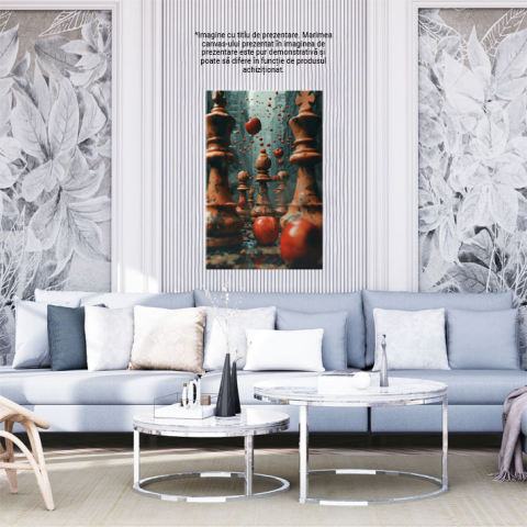 Tablou Canvas  The City of Chess, un Oras cu Piese de Sah printre Blocuri si Mere Rosii care Cad pe Asfalt , Pictura Digitala 40x25CM [1]