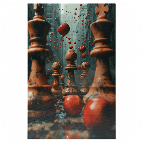 Tablou Canvas The City of Chess | Pictură Digitală cu Piese de Șah și Mere Roșii, Marime 40x25CM
