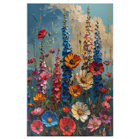 Flori - Tablou Canvas  The Freshest and Most Beautiful Flowers Pictate Frumos pe un Fundal cu Cer Luminos , Pictura Digitala 40x25CM