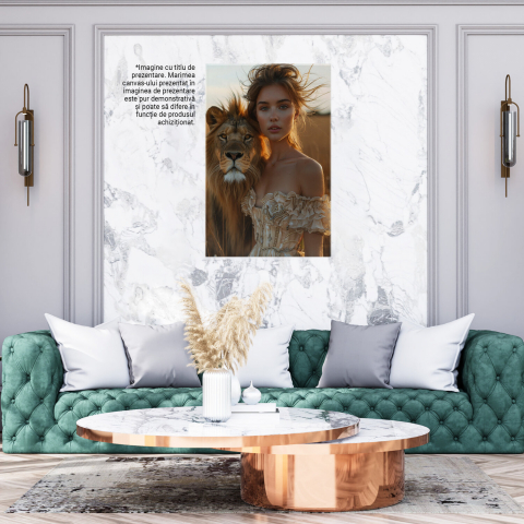 Tablou Canvas Fata Specială în Rochie Elegantă cu Umerii Goi și Leul Fermecător - Pictură Digitală, Marime 40x25CM [2]