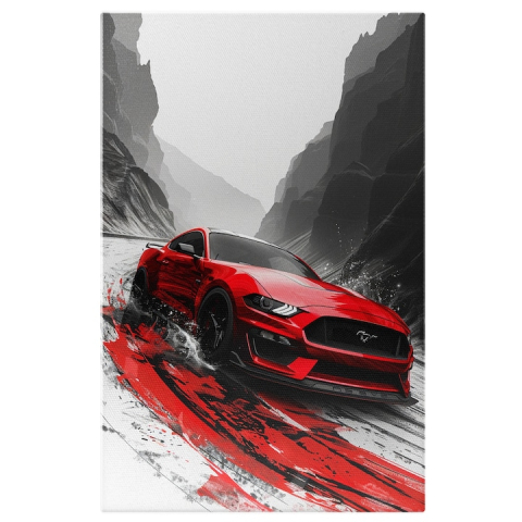 Marimea 90x60CM - Tablou Canvas  The Sports Car Ford Mustang Masina Rosie Sport pe un Drum cu Zapada printre Stanci , Pictura Digitala 90x60CM