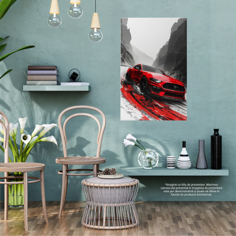 Tablou Canvas  The Sports Car Ford Mustang Masina Rosie Sport pe un Drum cu Zapada printre Stanci , Pictura Digitala 90x60CM [2]