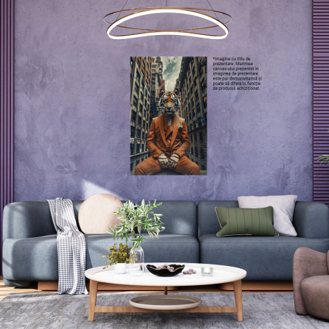 Tablou Canvas - Tigru Deghizat în Costum de Om, Șezând la Balcon printre Blocuri Populate, Marime 40x25CM [2]