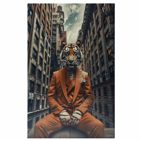 Animale - Tablou Canvas - Tigru Deghizat în Costum de Om, Șezând la Balcon printre Blocuri Populate, Marime 40x25CM