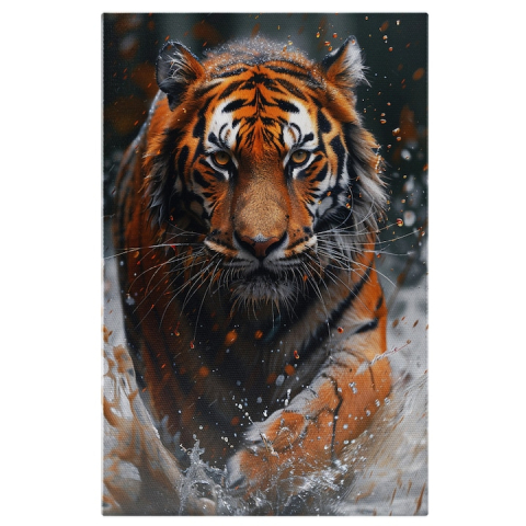 Marimea 100x70CM - Tablou Canvas:  Tigru înspăimântătot ieșit la vânătoare printre valuri de apă -În ochii unui prădător Pictura Digitala 100x70CM