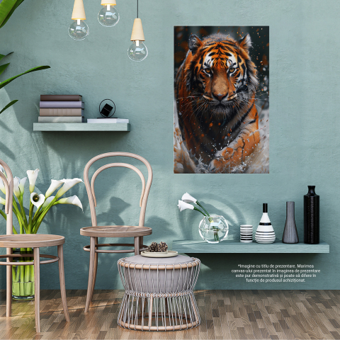 Tablou Canvas:  Tigru înspăimântătot ieșit la vânătoare printre valuri de apă -În ochii unui prădător Pictura Digitala 100x70CM [2]