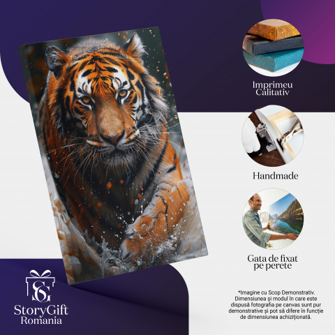 Tablou Canvas:  Tigru înspăimântătot ieșit la vânătoare printre valuri de apă -În ochii unui prădător Pictura Digitala 100x70CM [1]