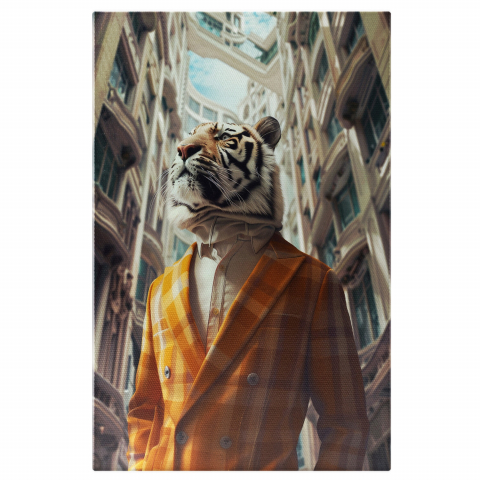 Animale - Tablou Canvas - Tigru Umanizat în Costum Portocaliu cu Clădire cu Balcoane în Cerc, Marime 40x25CM