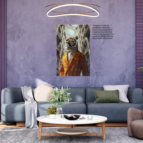 Tablou Canvas - Tigru Umanizat în Costum Portocaliu cu Clădire cu Balcoane în Cerc, Marime 40x25CM [2]