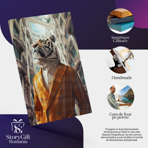 Tablou Canvas - Tigru Umanizat în Costum Portocaliu cu Clădire cu Balcoane în Cerc, Marime 40x25CM [1]
