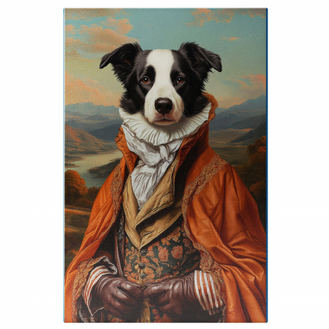 Personalizate cu Animalul Tau -  Tablou Canvas Personalizat Ținută Aristrocrată Cu Guler Alb Și Căpă Roșie Pe DealMarime 140x90CM