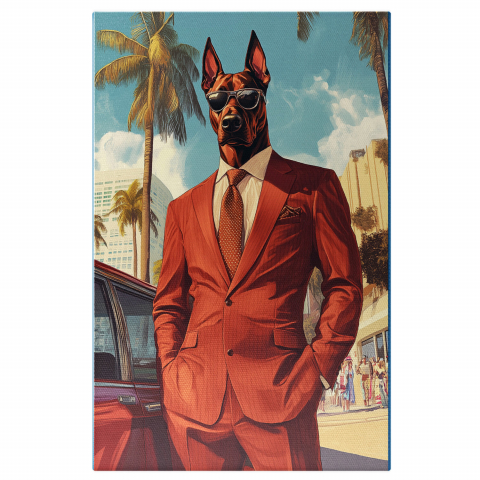 Oraș - Tablou Canvas Personalizat Costum Roșu Cu Cravată Buline Lângă Mașină VintageMarime 40x25CM