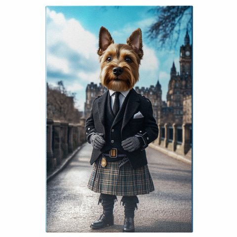 Oraș -  Tablou Canvas Personalizat Kilt Tradițional Cu Sacou Negru În Castel InterbelicMarime 40x25CM