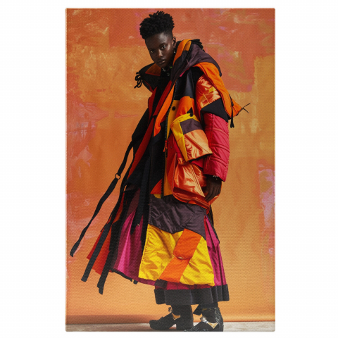 Portret - Tablou Canvas - Geacă Colorată pe Model cu Fundal Portocaliu, Marime 40x25CM