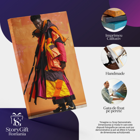 Tablou Canvas - Geacă Colorată pe Model cu Fundal Portocaliu, Marime 40x25CM [1]