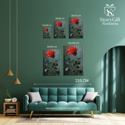Tablou Canvas Trandafir Roșu cu Spini pe Background Albastru, Marime 40x25CM [3]