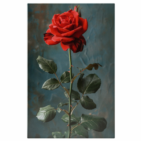 Flori - Tablou Canvas Trandafir Roșu cu Spini pe Background Albastru, Marime 40x25CM