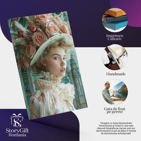 Tablou Canvas Femeie cu Trandafiri Purtati Drept Palarie, Marime 40x25CM [1]