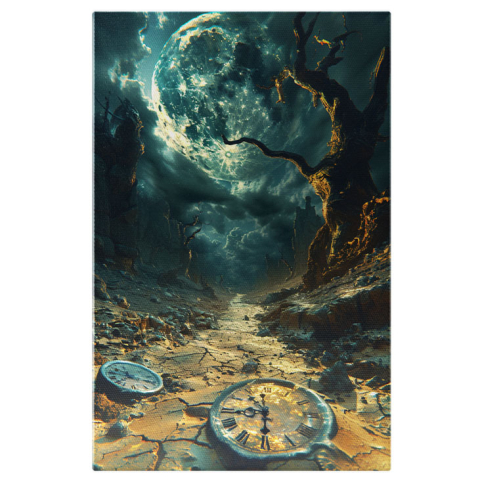 Diverse - Tablou Canvas  Trecerea Timpului, Doua Ceasuri Parasite in Pamant si un Copac Vestejit si o Luna Stralucitoare  , Pictura Digitala 40x25CM