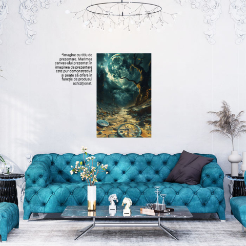 Tablou Canvas  Trecerea Timpului, Doua Ceasuri Parasite in Pamant si un Copac Vestejit si o Luna Stralucitoare  , Pictura Digitala 40x25CM [1]