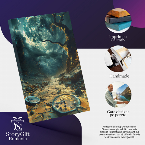 Tablou Canvas Trecerea Timpului cu Ceasuri Părăsite, Copac Veștejit și Lună Strălucitoare, Marime 40x25CM [1]