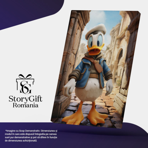 Tablou Canvas:  Turistul Donald Duck care Viziteaza Cladirile Antice de Piatra cu Vesta Albastra  Pictura Digitala 40x25CM [4]