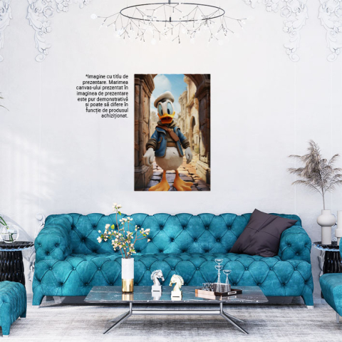 Tablou Canvas:  Turistul Donald Duck care Viziteaza Cladirile Antice de Piatra cu Vesta Albastra  Pictura Digitala 40x25CM [1]